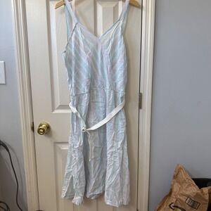 Vintage‎ Pastel Stripe Midi Dress Women's Elastic Waist V Neck Sleeveless Belted